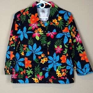 Lei Lei Black Hawaiian Style Jacket with Blue/Pink/Orange/Green Floral Design